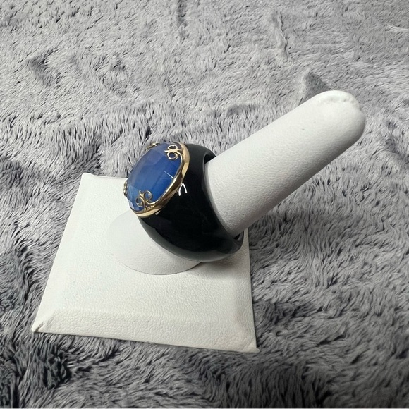 14K Yellow Gold Blue Quartz & Black Onyx Statement Ring Size 10 - Picture 7 of 10